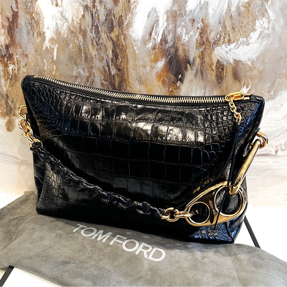 IN STORES  $5200 Tom Ford Black Croc Embossed Leather Carine Large Hobo Bag - Picture 3 of 16